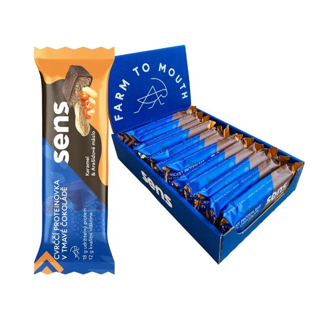 Cvrččí Proteinovka v Tmavé Čokoládě - Karamel & Arašídové máslo (60g) - box 12 kusů